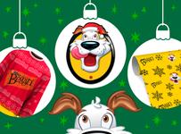 Hamlet excitedly looking up at Beggin’ holiday merch