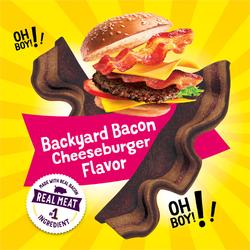 Oh boy! Backyard Bacon Cheeseburger Flavor. Made with real bacon. Number one ingredient real meat.